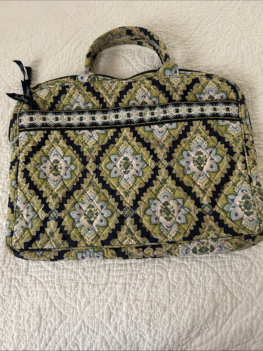 Vera Bradley Quilted Laptop Tote in Olive, Navy and Cream